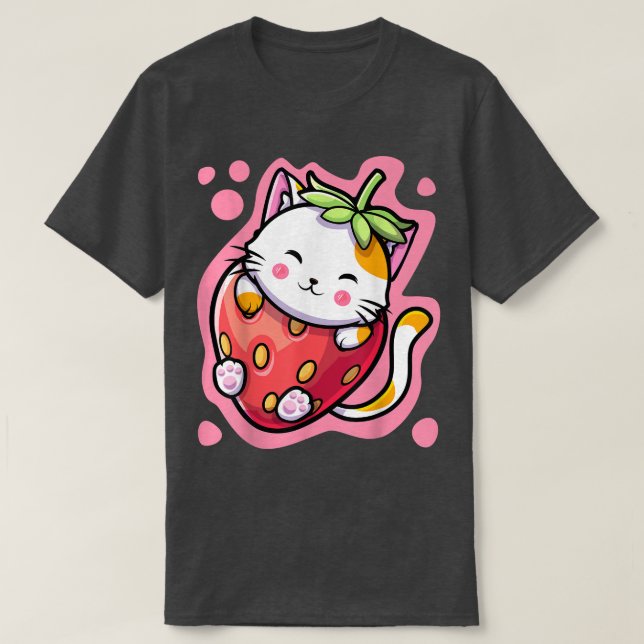 Camiseta Cute Kawaii Cat Strawberry Milk Japanese Anime Wom (Diseño del anverso)