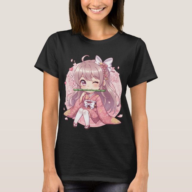 Camiseta Cute Kawaii Chibi Girl in Pink Kimono with Cherry  (Anverso)