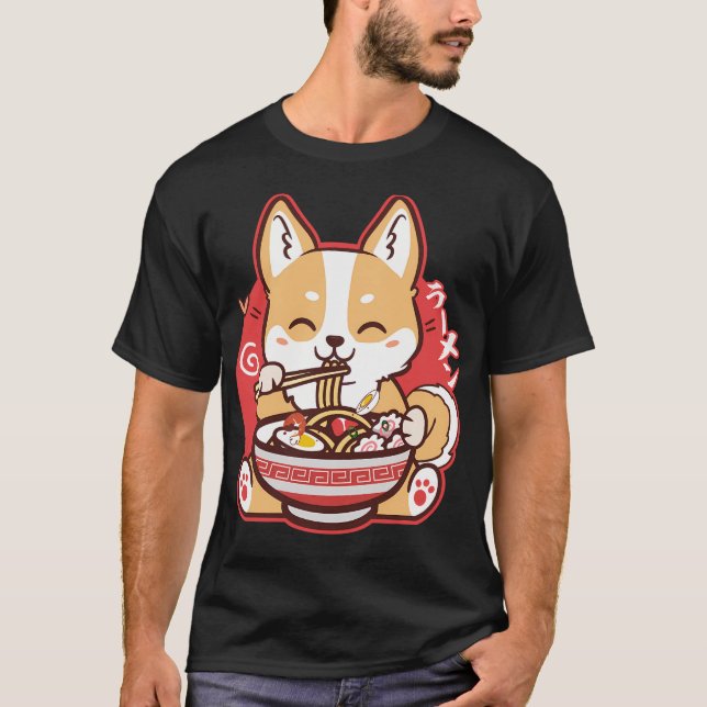 Camiseta Cute Kawaii Corgi Comiendo Ramen (Anverso)