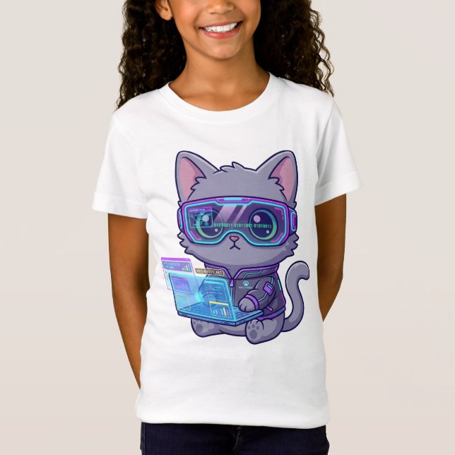 Camiseta Cute Kawaii Cyberpunk Cat Hacker with Laptop (Anverso)