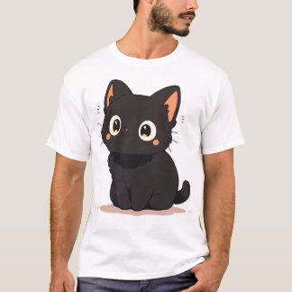 Camiseta Cute Kawaii Feliz Gato de Anime Negro Sonriente