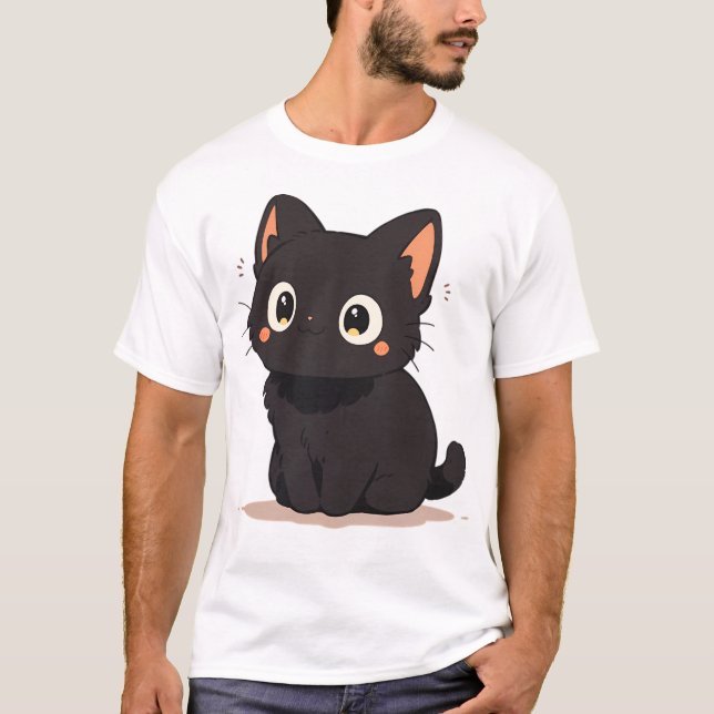Camiseta Cute Kawaii Feliz Gato de Anime Negro Sonriente (Anverso)