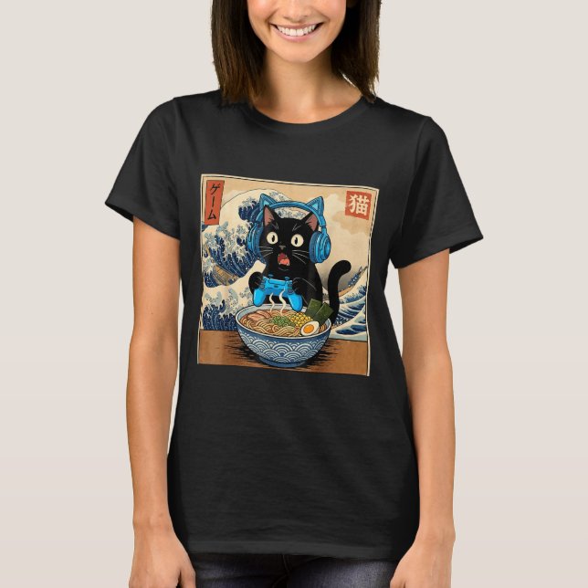 Camiseta Cute Kawaii Gamer Cat Funny Ramen Japanese Cat Gam (Anverso)