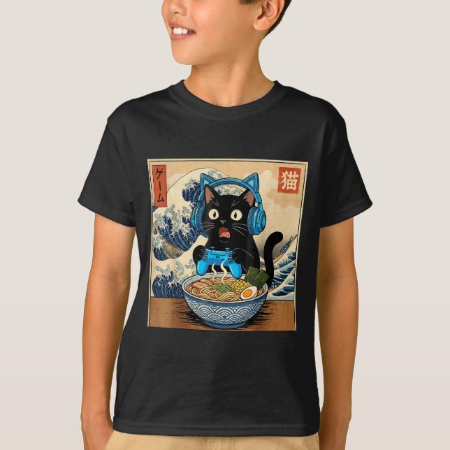 Camiseta Cute Kawaii Gamer Cat Funny Ramen Japanese Cat Gam (Anverso)