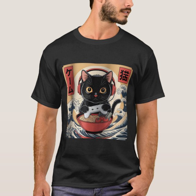 Camiseta Cute Kawaii Gamer Cat Funny Ramen Retro Japanese C (Anverso)