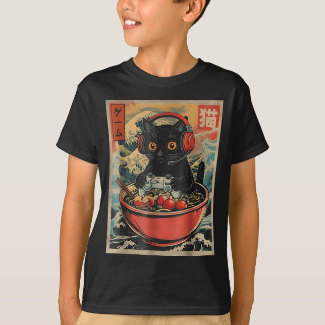 Camiseta Cute Kawaii Gamer Cat Funny Ramen Retro Japanese C (Anverso)