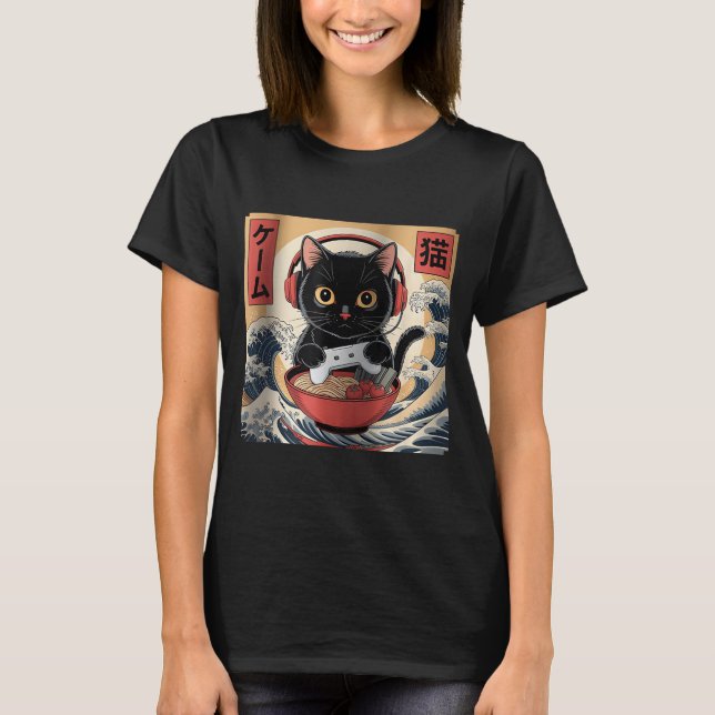 Camiseta Cute Kawaii Gamer Cat Funny Ramen Retro Japanese C (Anverso)