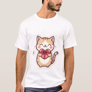 Camiseta Cute Kawaii Ginger Cat Holding Heart Gift Box ✨💖