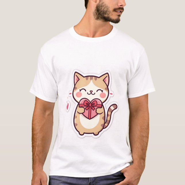 Camiseta Cute Kawaii Ginger Cat Holding Heart Gift Box  ✨💖 (Anverso)
