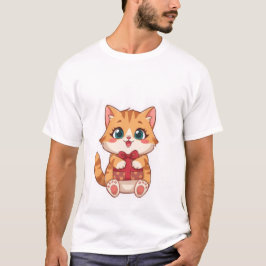 Camiseta Cute Kawaii Ginger Cat Holding Red Gift Box  ✨🎁