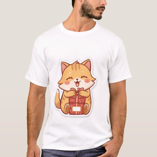 Camiseta Cute Kawaii Ginger Cat Hugging Gift Box  ✨🎁 (Anverso)