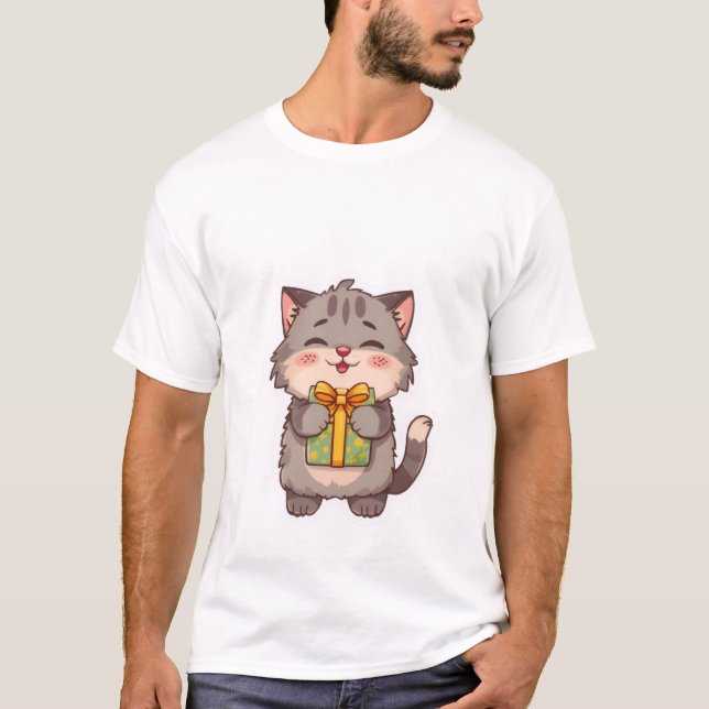 Camiseta Cute Kawaii Grey Kitty Hugging Floral Gift Box ✨🎁 (Anverso)