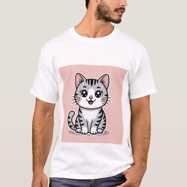 Camiseta Cute Kawaii Grey Tabby Cat Smiling - Happy Kitten  (Anverso)