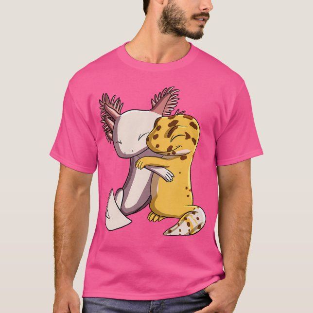 Camiseta Cute Kawaii Leopard Gecko Abrazando a Axolotl (Anverso)