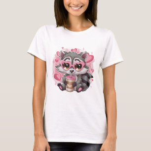 Camiseta Cute Kawaii Mapache Gafas Corazón Rosa Pastel T-Sh