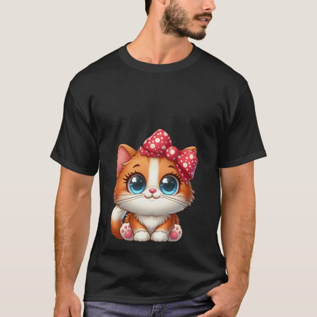 Camiseta Cute Kawaii Orange Kitten Red Polka Dot Bow Cat  (Anverso)