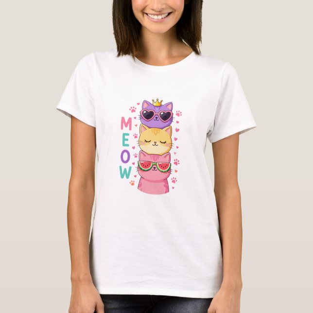 Camiseta Cute Kawaii Stacked Cats Sunglasses Meow (Anverso)