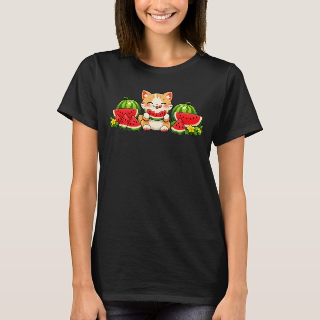 Camiseta Cute Kawaii Watermelon Cat Summer Cartoon (Anverso)