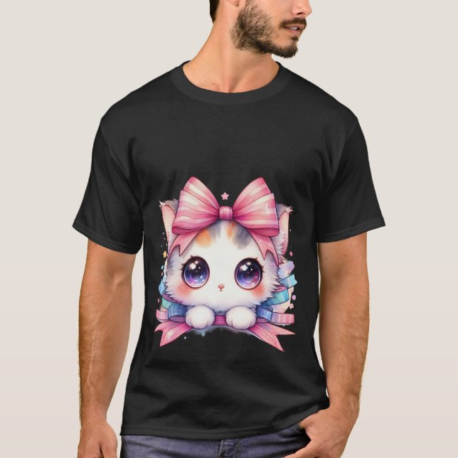 Camiseta Cute Kawaii White Kitten Pink Ribbon Bow Magic Cat (Anverso)