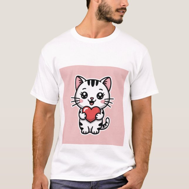 Camiseta Cute Kawaii White Tabby Cat Holding Red Heart ✨❤️ (Anverso)