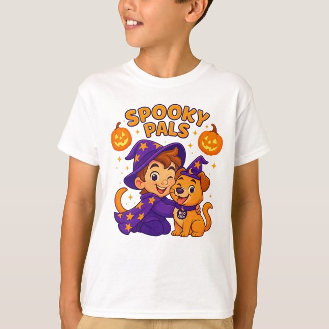 Camiseta Cute Kids Halloween T-Shirt | Wizard Boy & Dog  (Anverso)