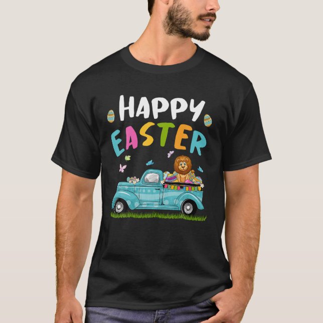 Camiseta Cute Lion With Bunny Ears Egg Hunting Truck Easter (Anverso)