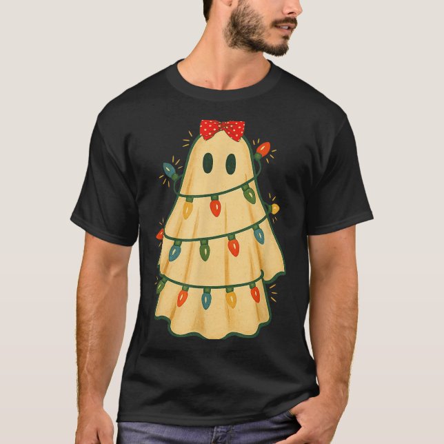 Camiseta Cute Lit Ghost Christmas Tree Funny Gift Halloween (Anverso)
