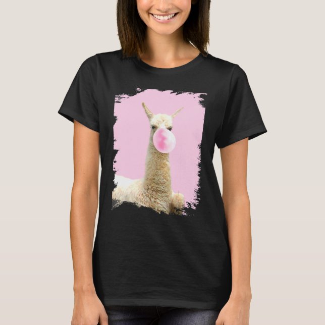 Camiseta Cute llama masticando la goma rosa (Anverso)
