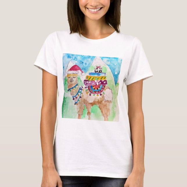 Camiseta Cute Llama Merry Christmas Watercolor arte (Anverso)