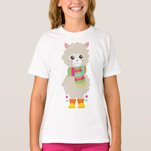 Camiseta Cute Llama, Pequeña Llama, Alpaca, Llama Con Scarf (Anverso)