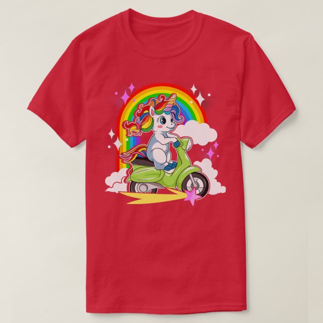 Camiseta Cute mágico Unicornio montando Scooter (Diseño del anverso)