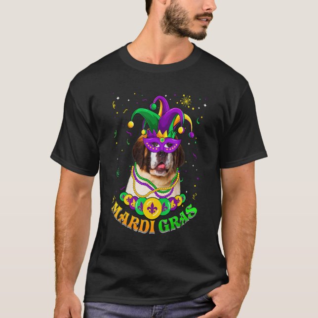 Camiseta Cute Mardi Gras Bernard Dog Dad Dog Mom Mask Beads (Anverso)