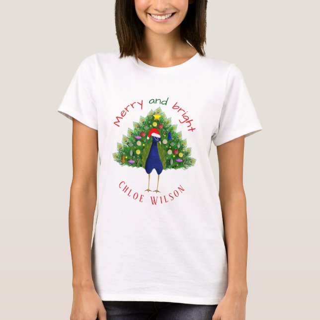 Camiseta Cute Merry and Bright Christmas Tree Peacock (Anverso)
