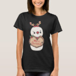 Camiseta Cute Merry Christmas Snowman<br><div class="desc">Un adorable muñeco de nieve con cánticos,  luces de Navidad y una nariz roja sostiene un cartel de madera en forma de corazón que dice Feliz Navidad. Camiseta de fiesta para llevar a sus fiestas Navidades.</div>