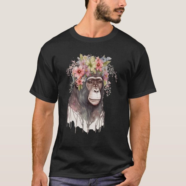 Camiseta Cute Monkey Flower Crown Floral Watercolor (Anverso)