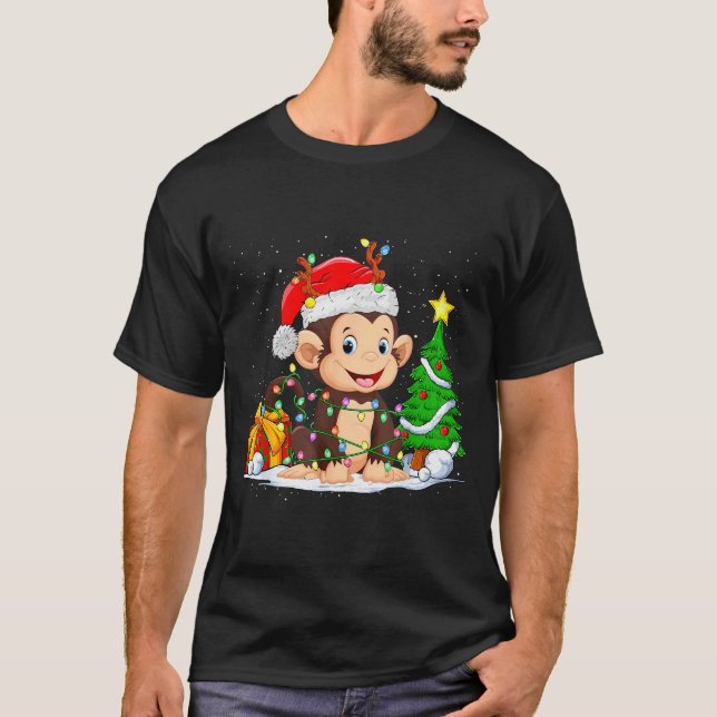 Camiseta Cute Monkey Santa Christmas Tree Lights Xmas Pajam (Anverso)