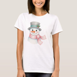 Camiseta Cute Muñeco de Nieve con Bufanda Rosa de Acuarela