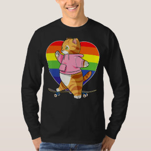 Camiseta Cute Naranja Tabby Cat Skateboarder Rainbow Heart