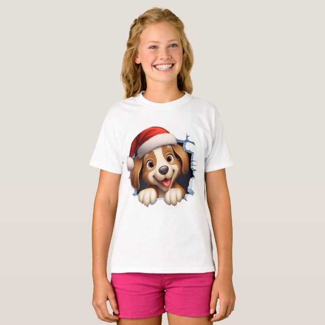Camiseta Cute Navidades Perro a través de la pared ilustrad (Anverso completo)