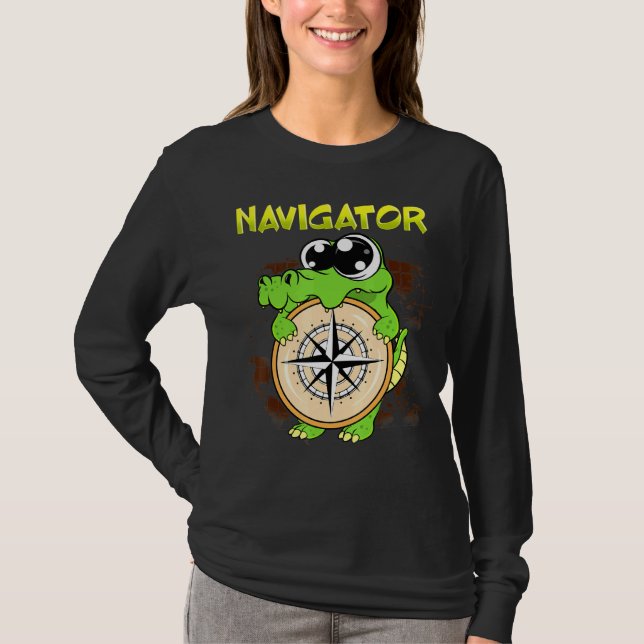 Camiseta Cute Navigator Pun Alligator Holding Compass (Anverso)