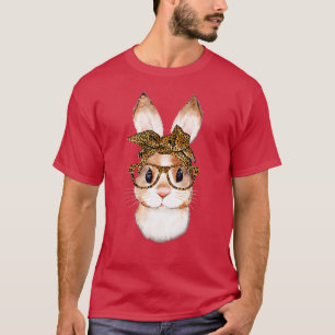 Camiseta Cute Nerd Easter Bunny Mom Leopard Bandana Glasses