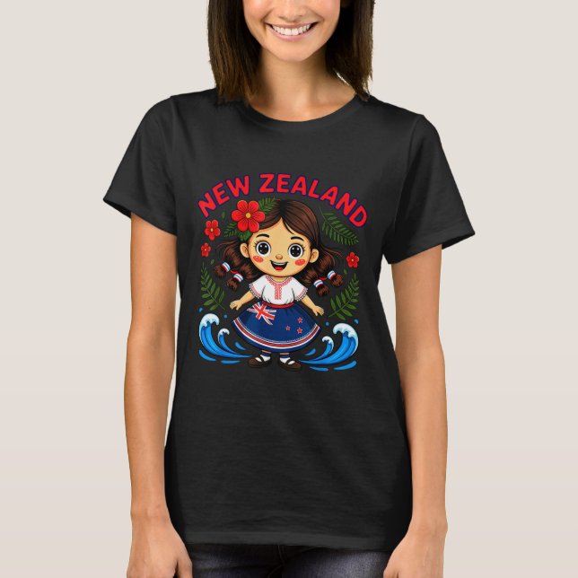 Camiseta Cute New Zealand Girl With Fern And Waves Dor Kids (Anverso)