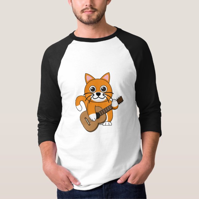 Camiseta Cute Orange White Cat Playing Guitar Cartoon (Anverso)