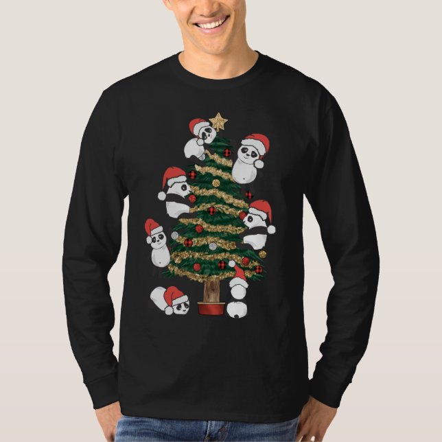 Camiseta Cute Panda colgante Árbol de Navidad Santa Hat Fam (Anverso)