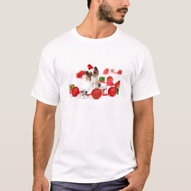 Camiseta Cute Papillon Dog Navidades Santa Hat (Anverso)