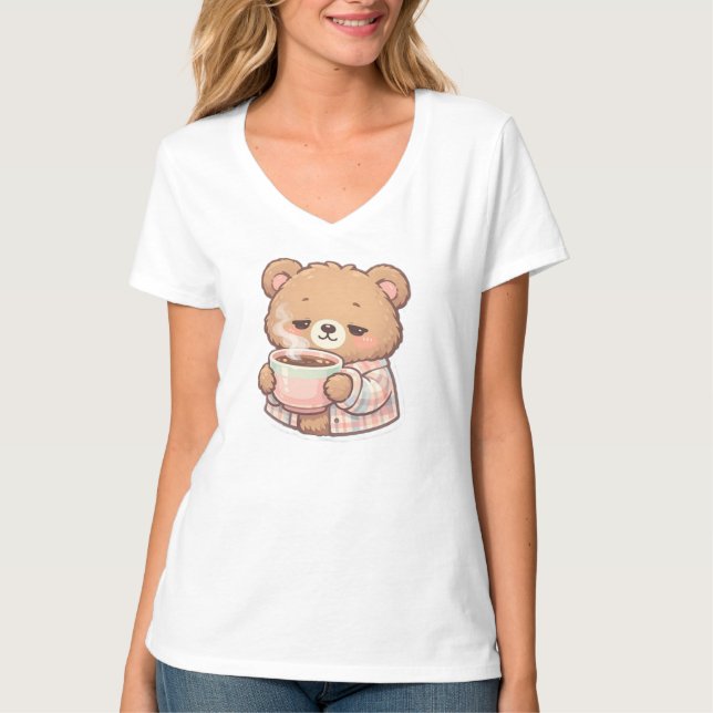 Camiseta Cute Pastel Teddy Bear Drinking Coffee Sticker  (Anverso)
