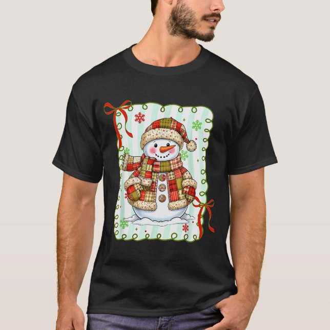 Camiseta Cute Patchwork Snowman Bow Christmas Xmas Men Wome (Anverso)