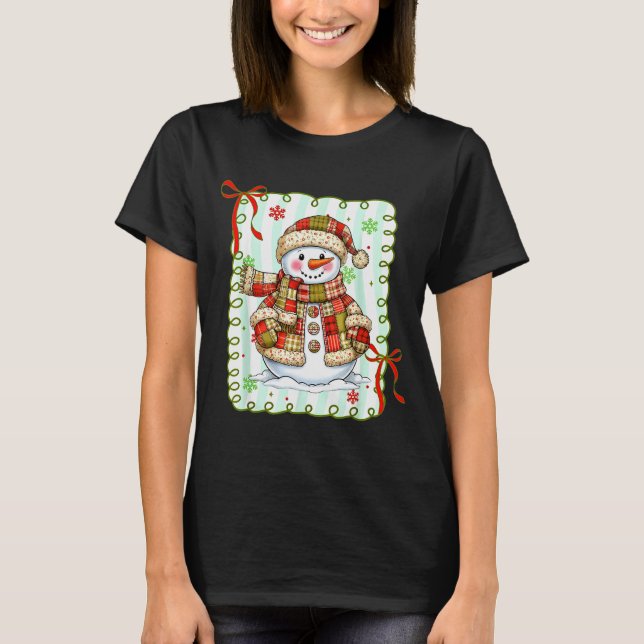 Camiseta Cute Patchwork Snowman Bow Christmas Xmas Men Wome (Anverso)