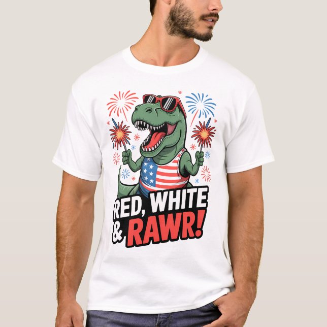 Camiseta Cute Patriótico T-Rex 4 de julio Blanco y Azul Roj (Anverso)