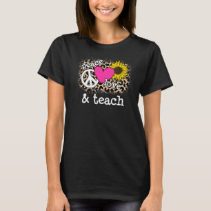 Camiseta Cute Peace Love Teach Leopard Print Sunflower Pink